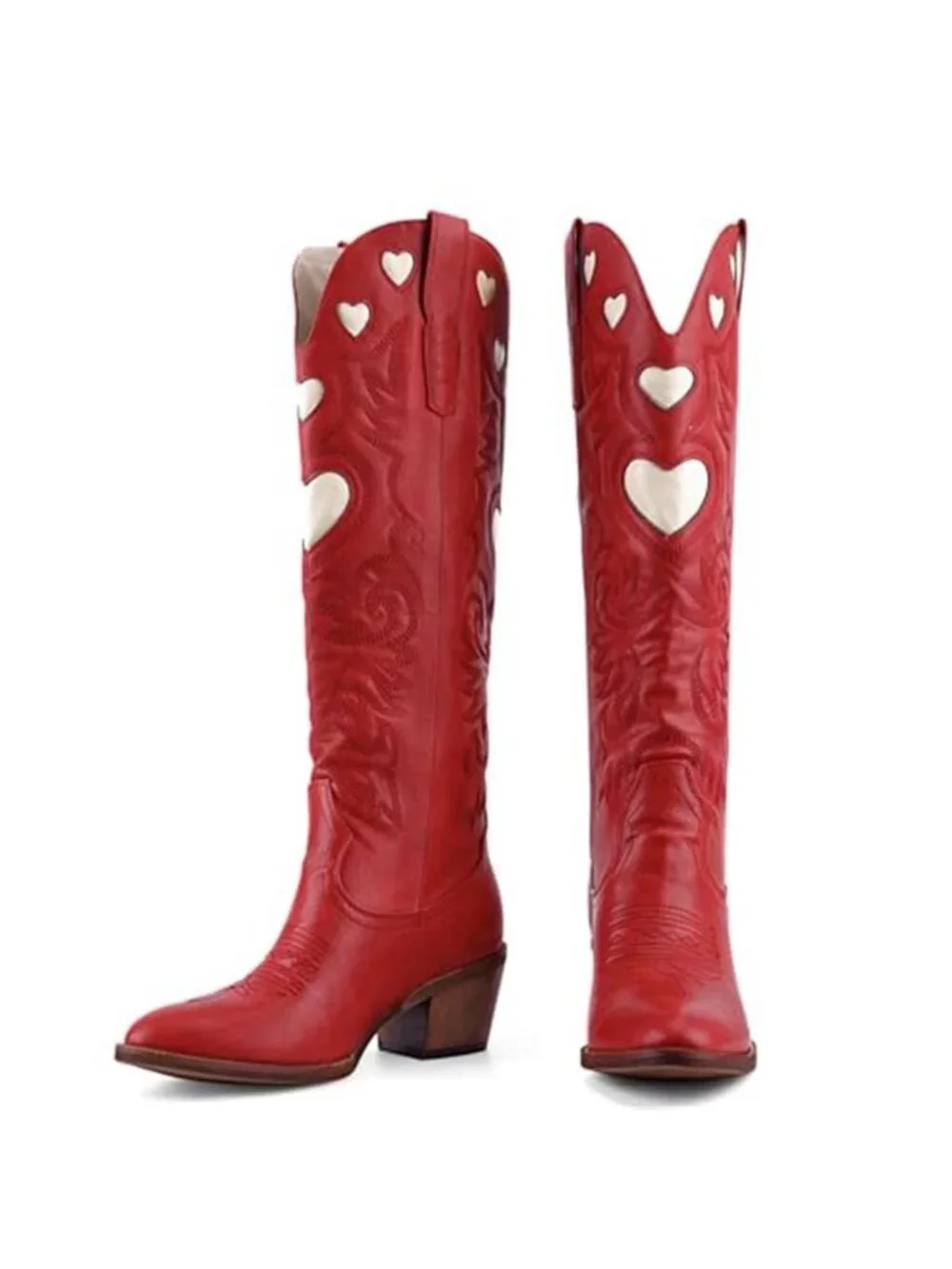 Knee High Boots for Women Heart Embroidered Western Boots Round Toe